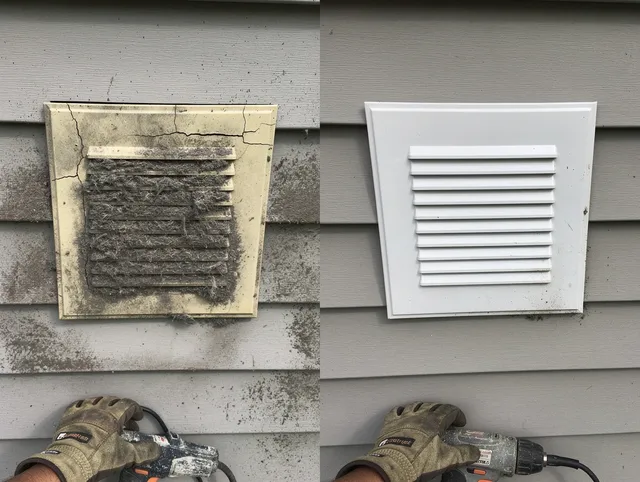 Pineville Dryer Vent Cleaning technician installing high-quality dryer vent cover at a residential property in Pineville
